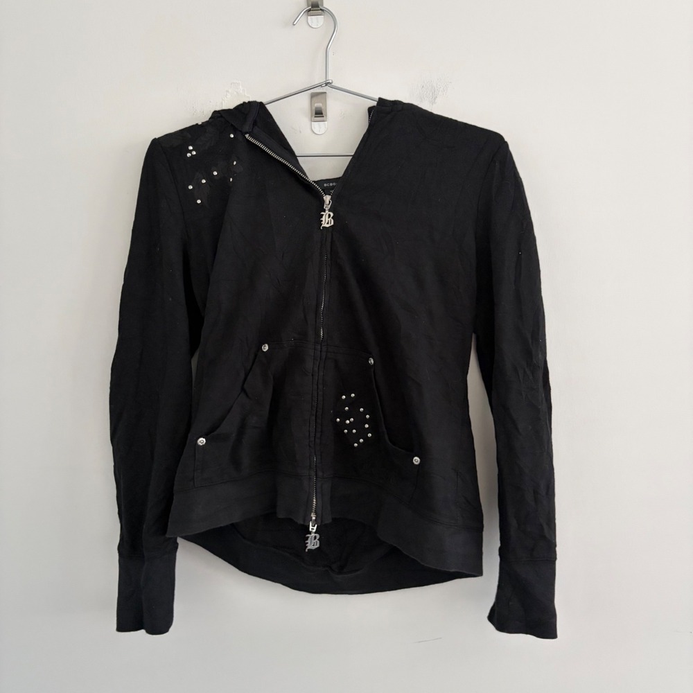 BCBG Max Azria Women Black Studded Full Zip Hoodie Large